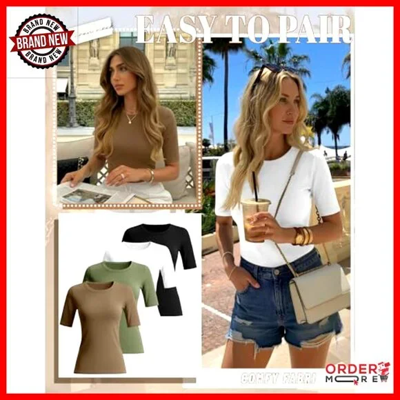 Slim Fit Half Sleeve Cotton Tees 4-Pack Women's Crewneck Tops - Picture 2 of 5